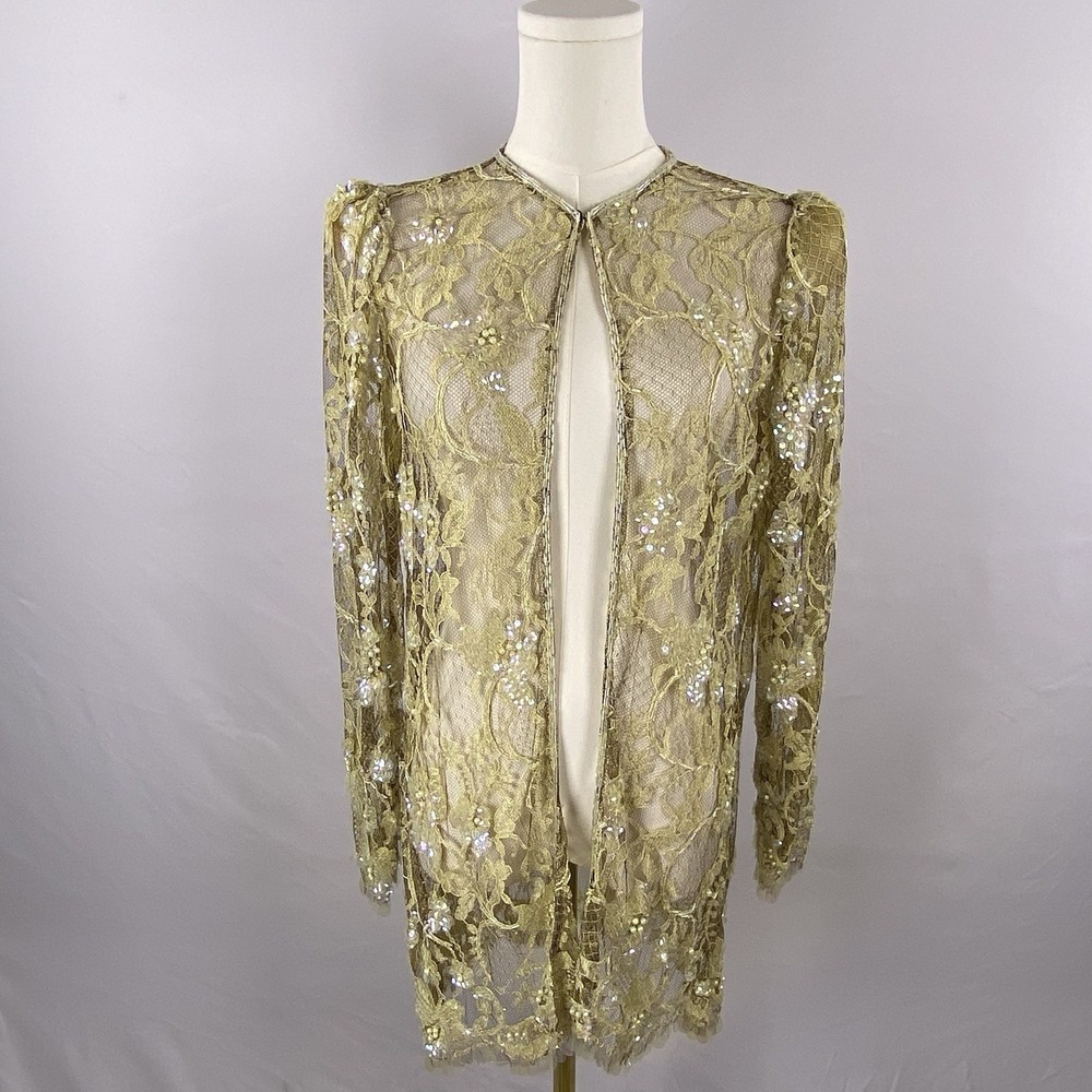 Vintage 80s Gold Corded Lace Duster Jacket Sequin Pearl Sheer Cardigan S M Glam
